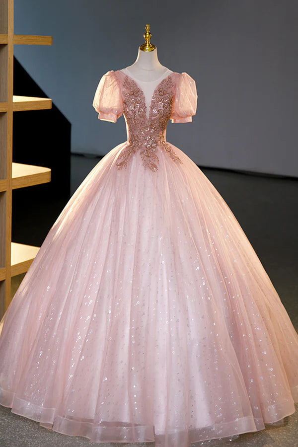 Wholesale Pink Tulle Beaded Long Ball Gown Beautiful A-Line Prom Dress Pink Sweet 16 Dress
